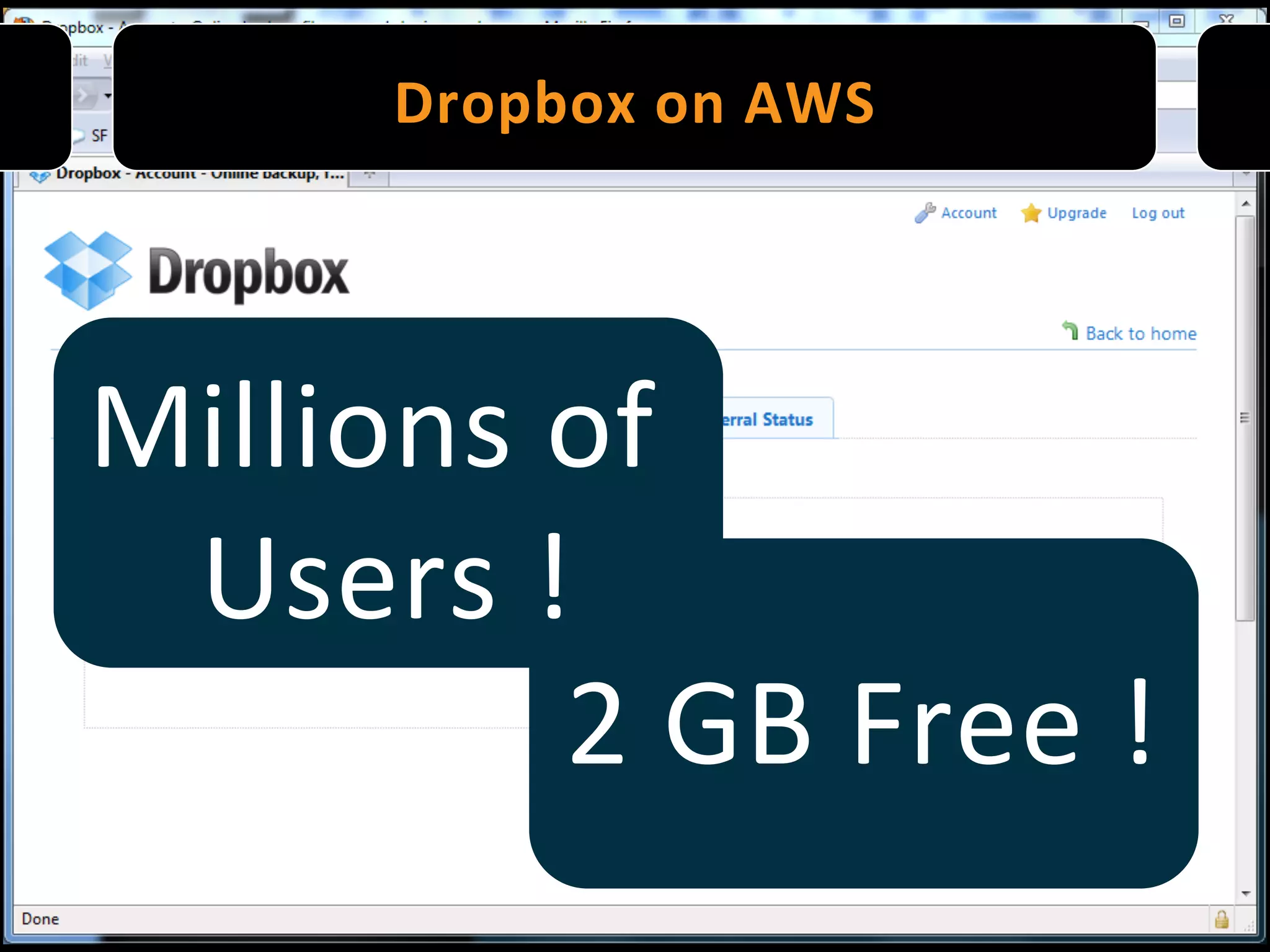 Dropbox	
   o n	
   A WS	
  




Millions	
  of	
  
 Users	
  ! 	
  
               2	
  GB	
  Free	
  !
                                  	
  
 