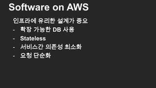인프라에 유리한 설계가 중요
- 확장 가능한 DB 사용
- Stateless
- 서비스간 의존성 최소화
- 요청 단순화
Software on AWS
55
 