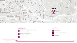İletişim Bilgileri
Yıldız Teknik Üniversitesi Davutpaşa Kampüsü
Teknoloji Geliştirme Bölgesi D2 Blok No: 106 Esenler
İstanbul - Türkiye - 34220
T: +90(212) 483 71 97-98-99
F: +90(212) 483 71 96
bilgi@sistek.com.tr
Sosyal Medya
/company/sistek
/Sistek-Yazılım-1421324881422721
/sistekyazilim
www.sistek.com.tr 9
 