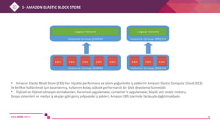 www.sistek.com.tr 5
 Amazon Elastic Block Store (EBS) her ölçekte performans ve işlem yoğunluklu iş yüklerini Amazon Elastic Compute Cloud (EC2)
ile birlikte kullanılmak için tasarlanmış, kullanımı kolay, yüksek performanslı bir blok depolama hizmetidir.
 İlişkisel ve ilişkisel olmayan veritabanları, kurumsal uygulamalar, container’lı uygulamalar, büyük veri analiz motoru,
Dosya sistemleri ve medya iş akışları gibi geniş yelpazede iş yükleri, Amazon EBS üzerinde fazlasıyla dağıtılmaktadır.
5- AMAZON ELASTIC BLOCK STORE
 