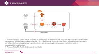 www.sistek.com.tr 7
 Amazon Route 53, yüksek oranda erişilebilir ve ölçeklenebilir bir bulut DNS web hizmetidir. www.example.com gibi adları
bilgisayarların birbirine bağlanmak için kullandığı 192.0.2.1 gibi sayısal IP adreslerine çevirerek geliştiricilerin ve işletmelerin
son kullanıcıları İnternet uygulamalarına yönlendirmesi için son derece güvenilir ve uygun maliyetli bir yöntem
sunacak şekilde tasarlanmıştır.
 Amazon Route 53, IPv6 ile de tam olarak uyumludur.
7- AMAZON ROUTE 53
 