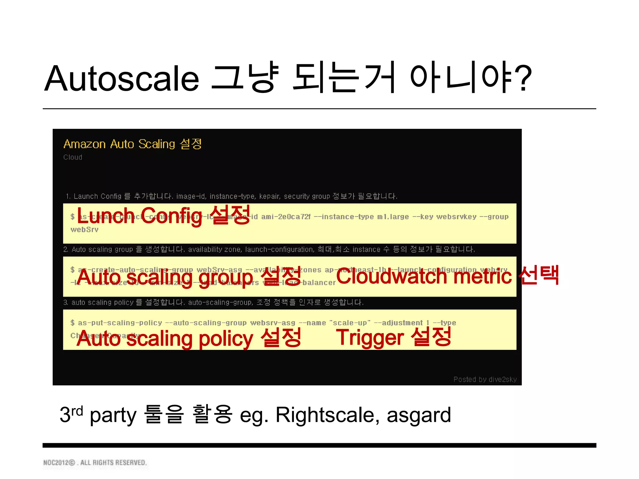 Autoscale 그냥 되는거 아니야?


 Lunch Config 설정

 Auto scaling group 설정    Cloudwatch metric 선택

 Auto scaling policy 설정   Trigger 설정


3rd party 툴을 활용 eg. Rightscale, asgard
 