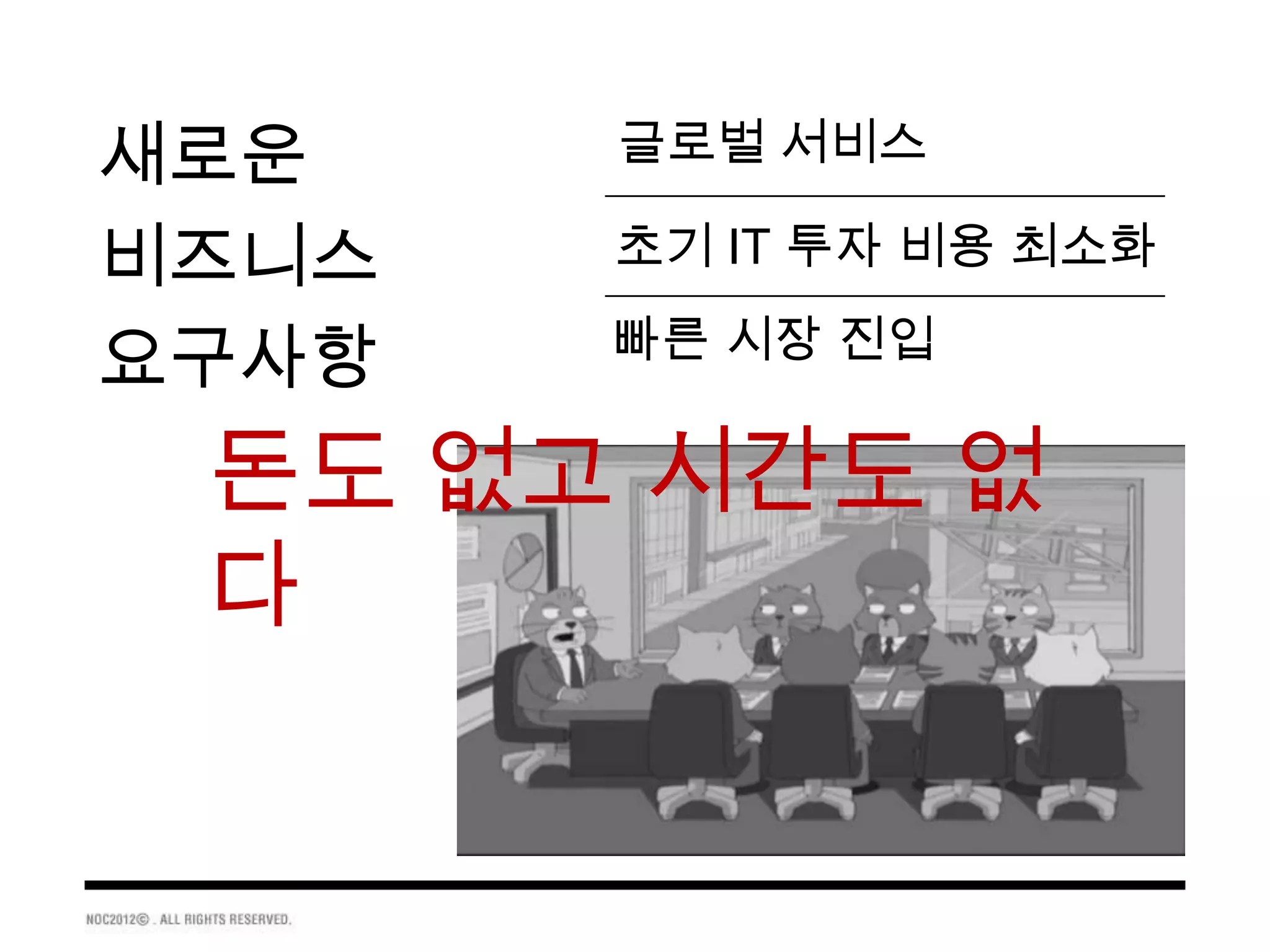 새로운    글로벌 서비스

비즈니스   초기 IT 투자 비용 최소화
       빠른 시장 진입
요구사항
 돈도 없고 시간도 없
 다
 