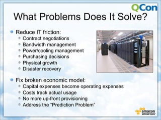 What Problems Does It Solve?
Reduce IT friction:
  Contract negotiations
  Bandwidth management
  Power/cooling management
  Purchasing decisions
  Physical growth
  Disaster recovery

Fix broken economic model:
  Capital expenses become operating expenses
  Costs track actual usage
  No more up-front provisioning
  Address the “Prediction Problem”
 