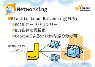 Networking
Elastic Load Balancing(ELB)
  EC2⽤ロードバランサー
  ELB⾃体も冗⻑化
  CookieによるStickyな振り分け可

HTTP/HTTPS
   TCP



                      第２回 クラウド勉強会
 