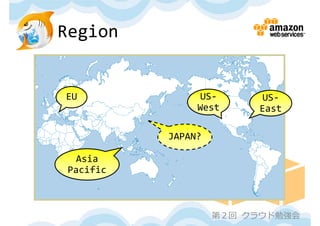Region


EU               US‐      US‐
                West     East

           JAPAN?

  Asia 
 Pacific



                    第２回 クラウド勉強会
 