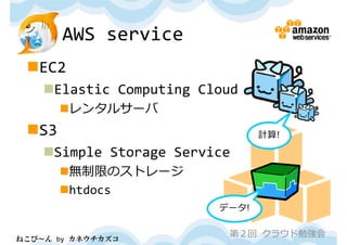 AWS service
 EC2
    Elastic Computing Cloud
       レンタルサーバ
 S3                            計算!

    Simple Storage Service
       無制限のストレージ
       htdocs
                         データ!

                          第２回 クラウド勉強会
ねこび～ん by カネウチカズコ
 