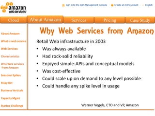 Cloud   About Amazon      Services         Pricing         Case Study

           Why Web Services from Amazon
          Retail Web infrastructure in 2003
          • Was always available
          • Had rock-solid reliability
          • Enjoyed simple-APIs and conceptual models
          • Was cost-effective
          • Could scale up on demand to any level possible
          • Could handle any spike level in usage


                               Werner Vogels, CTO and VP, Amazon
 