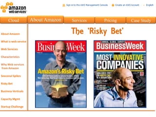 Cloud   About Amazon   Services   Pricing   Case Study

                       The ‘Risky Bet’
 