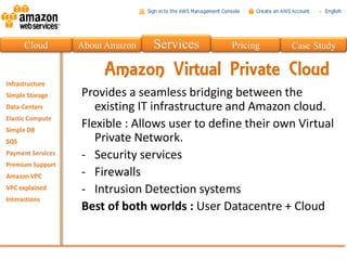 Cloud   About Amazon   Services      Pricing     Case Study

             Amazon Virtual Private Cloud
        Provides a seamless bridging between the
           existing IT infrastructure and Amazon cloud.
        Flexible : Allows user to define their own Virtual
           Private Network.
        - Security services
        - Firewalls
        - Intrusion Detection systems
        Best of both worlds : User Datacentre + Cloud
 