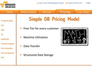 Cloud   About Amazon      Services       Pricing   Case Study


              Simple DB Pricing Model
         Free Tier for every customer

         Machine Utilization

         Data Transfer

         Structured Data Storage
 