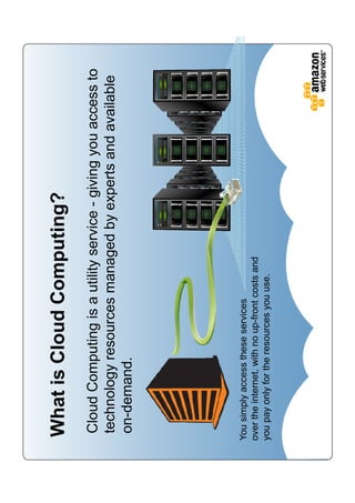 What is Cloud Computing?
 Cloud Computing is a utility service - giving you access to
 technology resources managed by experts and available
 on-demand.




You simply access these services
over the internet, with no up-front costs and
you pay only for the resources you use.
 