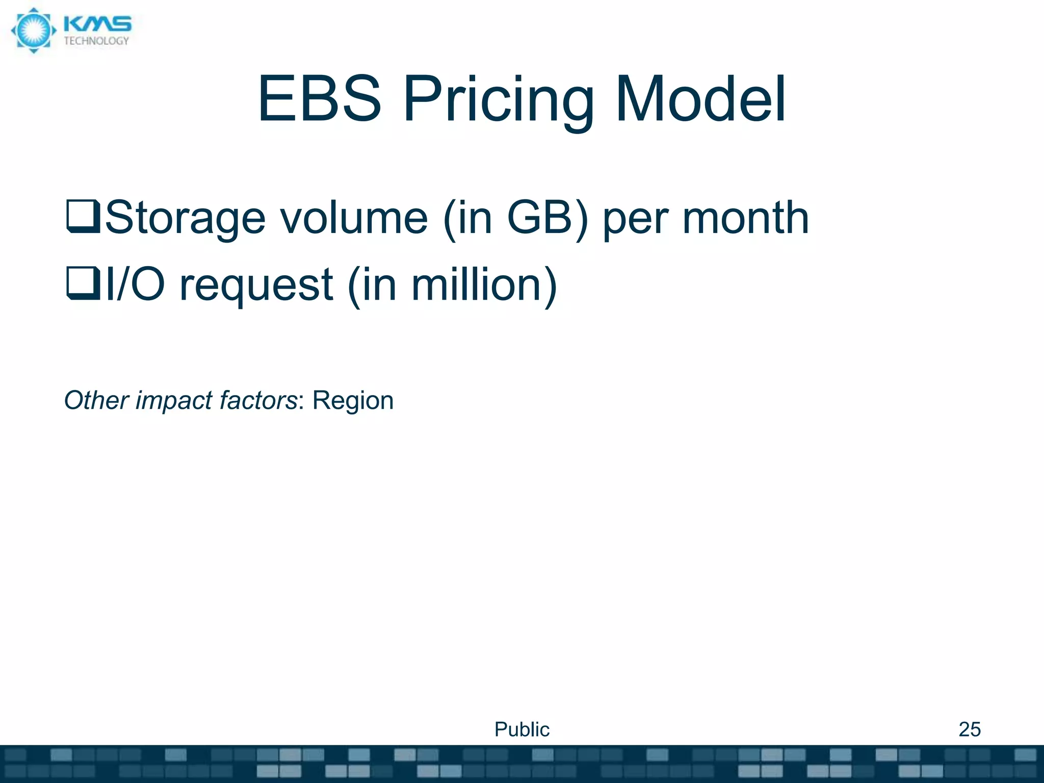 EBS Pricing Model
Storage volume (in GB) per month
I/O request (in million)
Other impact factors: Region
Public 25
 