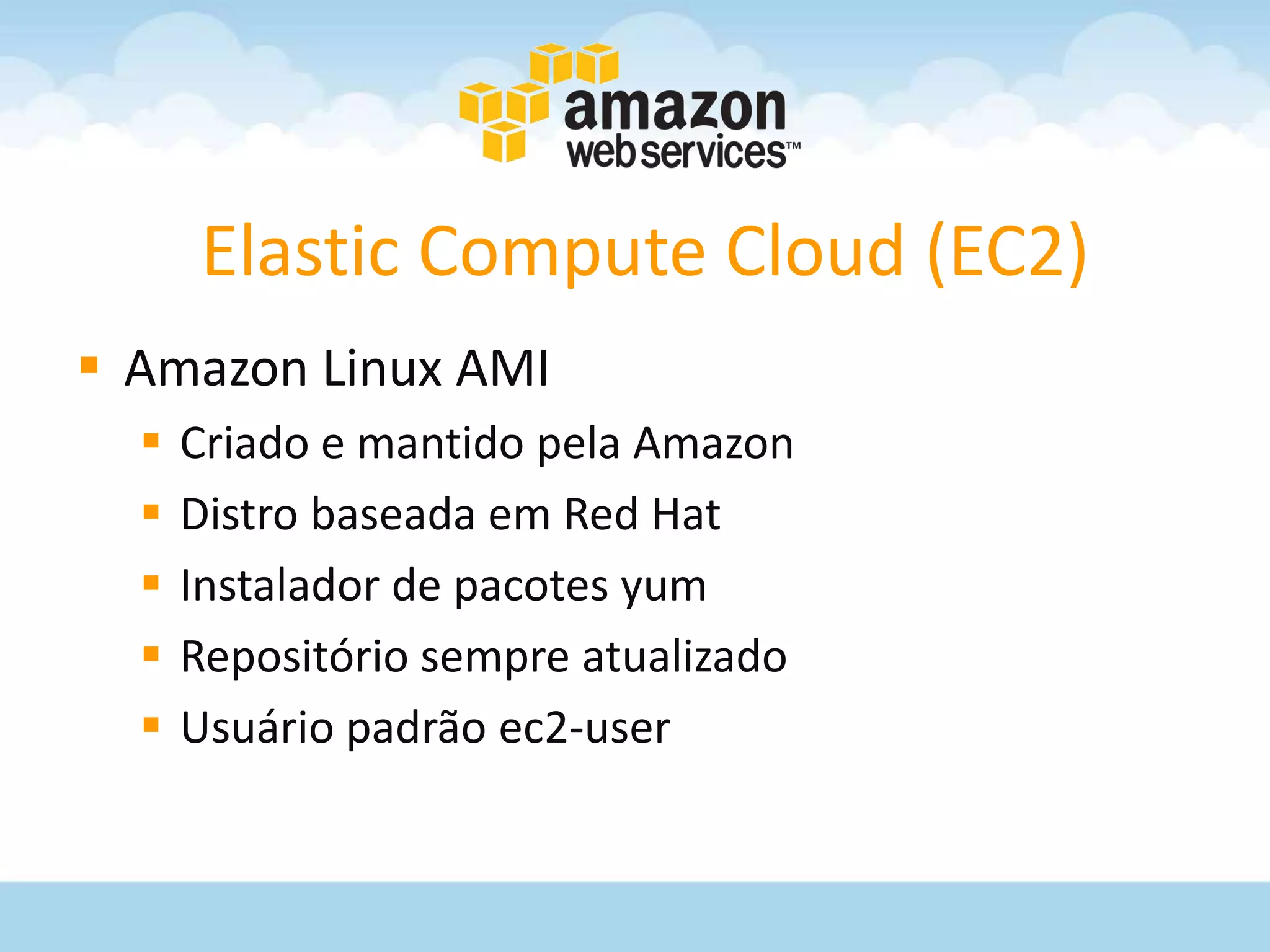 Elastic Compute Cloud (EC2)
 Amazon Linux AMI
     Criado e mantido pela Amazon
     Distro baseada em Red Hat
     Instalador de pacotes yum
     Repositório sempre atualizado
     Usuário padrão ec2-user
 