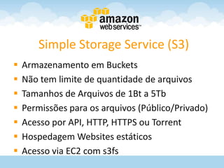 Simple Storage Service (S3)
   Armazenamento em Buckets
   Não tem limite de quantidade de arquivos
   Tamanhos de Arquivos de 1Bt a 5Tb
   Permissões para os arquivos (Público/Privado)
   Acesso por API, HTTP, HTTPS ou Torrent
   Hospedagem Websites estáticos
   Acesso via EC2 com s3fs
 