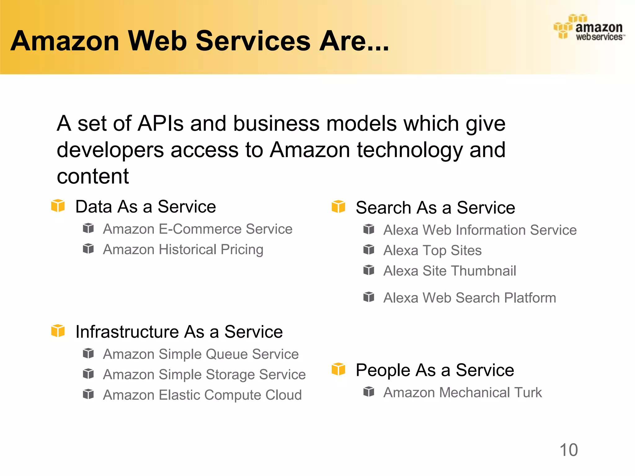 Amazon Web Services Are...

   A set of APIs and business models which give
   developers access to Amazon technology and
   content
    Data As a Service                  Search As a Service
       Amazon E-Commerce Service          Alexa Web Information Service
       Amazon Historical Pricing          Alexa Top Sites
                                          Alexa Site Thumbnail
                                          Alexa Web Search Platform

    Infrastructure As a Service
       Amazon Simple Queue Service
       Amazon Simple Storage Service   People As a Service
       Amazon Elastic Compute Cloud       Amazon Mechanical Turk



                                                                      10
 