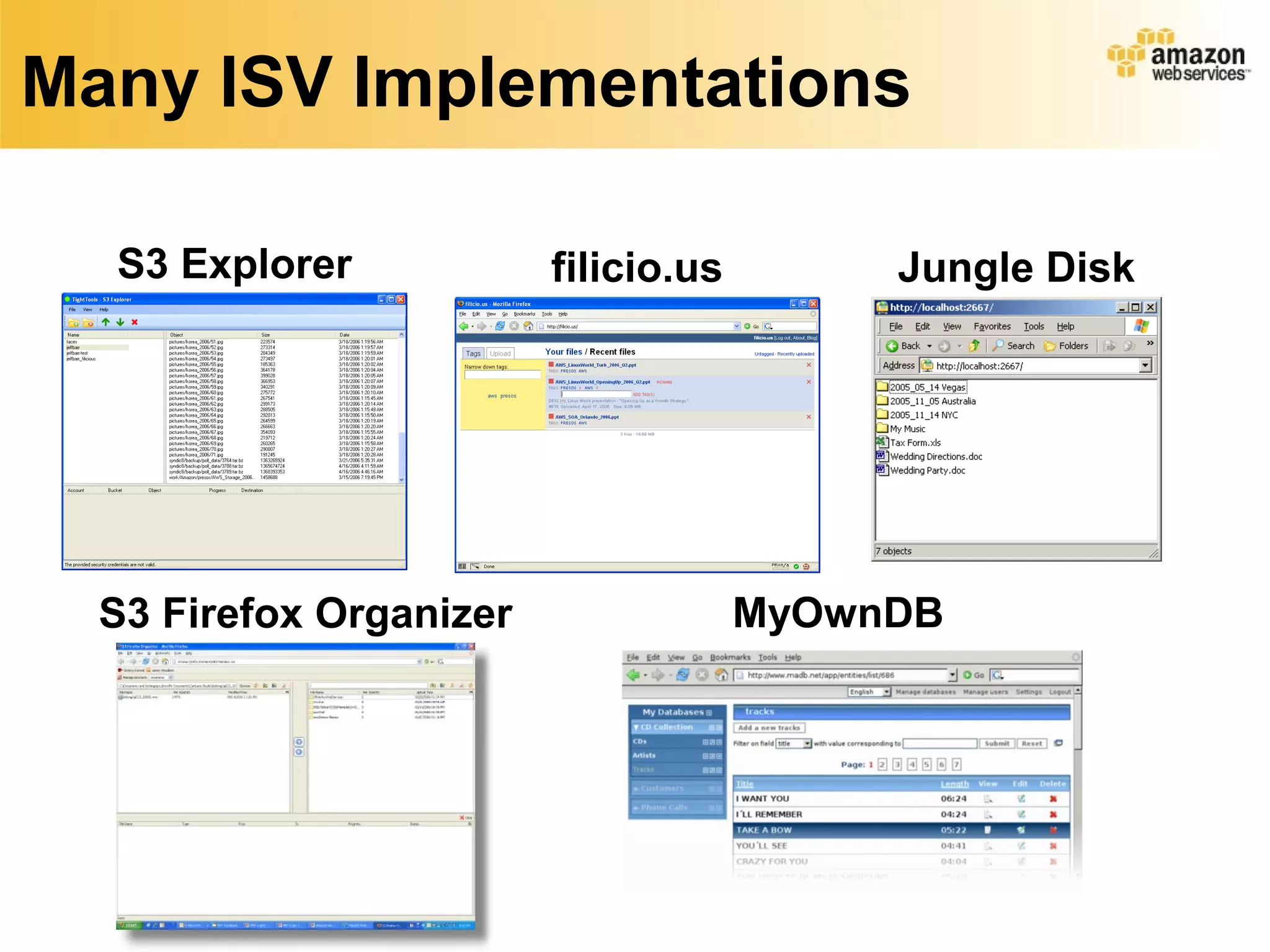 Many ISV Implementations

  S3 Explorer            filicio.us        Jungle Disk




  S3 Firefox Organizer                MyOwnDB
 