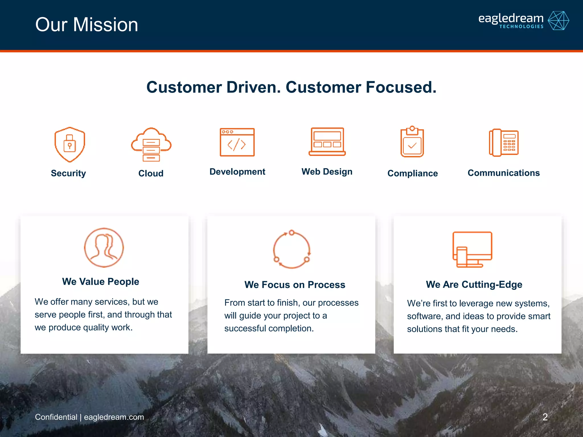 Customer Driven. Customer Focused.
We Are Cutting-Edge
We’re first to leverage new systems,
software, and ideas to provide smart
solutions that fit your needs.
We Value People
We offer many services, but we
serve people first, and through that
we produce quality work.
We Focus on Process
From start to finish, our processes
will guide your project to a
successful completion.
2Confidential | eagledream.com
Our Mission
Security Web DesignCloud Development Compliance Communications
 