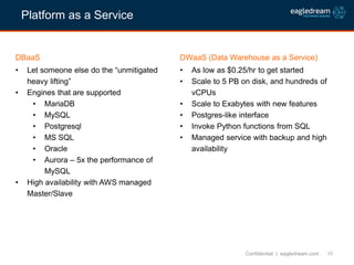 15
DBaaS
• Let someone else do the “unmitigated
heavy lifting”
• Engines that are supported
• MariaDB
• MySQL
• Postgresql...