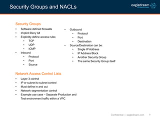 9
Security Groups
• Software defined firewalls
• Implicit Deny All
• Explicitly define access rules
• TCP
• UDP
• ICMP
• I...