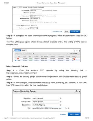 8/4/2021 Amazon Web Services - Quick Guide - Tutorialspoint
https://www.tutorialspoint.com/amazon_web_services/amazon_web_services_quick_guide.htm 42/100
Step 5
Step 5 − A dialog box will open, showing the work in progress. When it is completed, select the OK
− A dialog box will open, showing the work in progress. When it is completed, select the OK
button.
button.
The Your VPCs page opens which shows a list of available VPCs. The setting of VPC can be
The Your VPCs page opens which shows a list of available VPCs. The setting of VPC can be
changed here.
changed here.
Select/Create VPC Group
Select/Create VPC Group
Step 1
Step 1 − Open the Amazon VPC console by using the following link −
− Open the Amazon VPC console by using the following link −
https://console.aws.amazon.com/vpc/
https://console.aws.amazon.com/vpc/
Step 2
Step 2 − Select the security groups option in the navigation bar, then choose create security group
− Select the security groups option in the navigation bar, then choose create security group
option.
option.
Step 3
Step 3 − A form will open, enter the details like group name, name tag, etc. Select ID of your VPC
− A form will open, enter the details like group name, name tag, etc. Select ID of your VPC
from VPC menu, then select the Yes, create button.
from VPC menu, then select the Yes, create button.
 