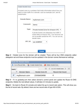 8/4/2021 Amazon Web Services - Quick Guide - Tutorialspoint
https://www.tutorialspoint.com/amazon_web_services/amazon_web_services_quick_guide.htm 48/100
Step 4
Step 4 − Hosted zone for the domain will be created. There will be four DNS endpoints called
− Hosted zone for the domain will be created. There will be four DNS endpoints called
delegation set and these endpoints must be updated in the domain names Nameserver settings.
delegation set and these endpoints must be updated in the domain names Nameserver settings.
Step 5
Step 5 − If it is godaddy.com then select domain’s control panel and update the Route 53 DNS
− If it is godaddy.com then select domain’s control panel and update the Route 53 DNS
endpoints. Delete the rest default values. It will take 2-3 minutes to update.
endpoints. Delete the rest default values. It will take 2-3 minutes to update.
Step 6
Step 6 − Go back to Route 53 console and select the go to record sets option. This will show you
− Go back to Route 53 console and select the go to record sets option. This will show you
the list of record sets. By default, there are two record sets of type NS & SOA.
the list of record sets. By default, there are two record sets of type NS & SOA.
 