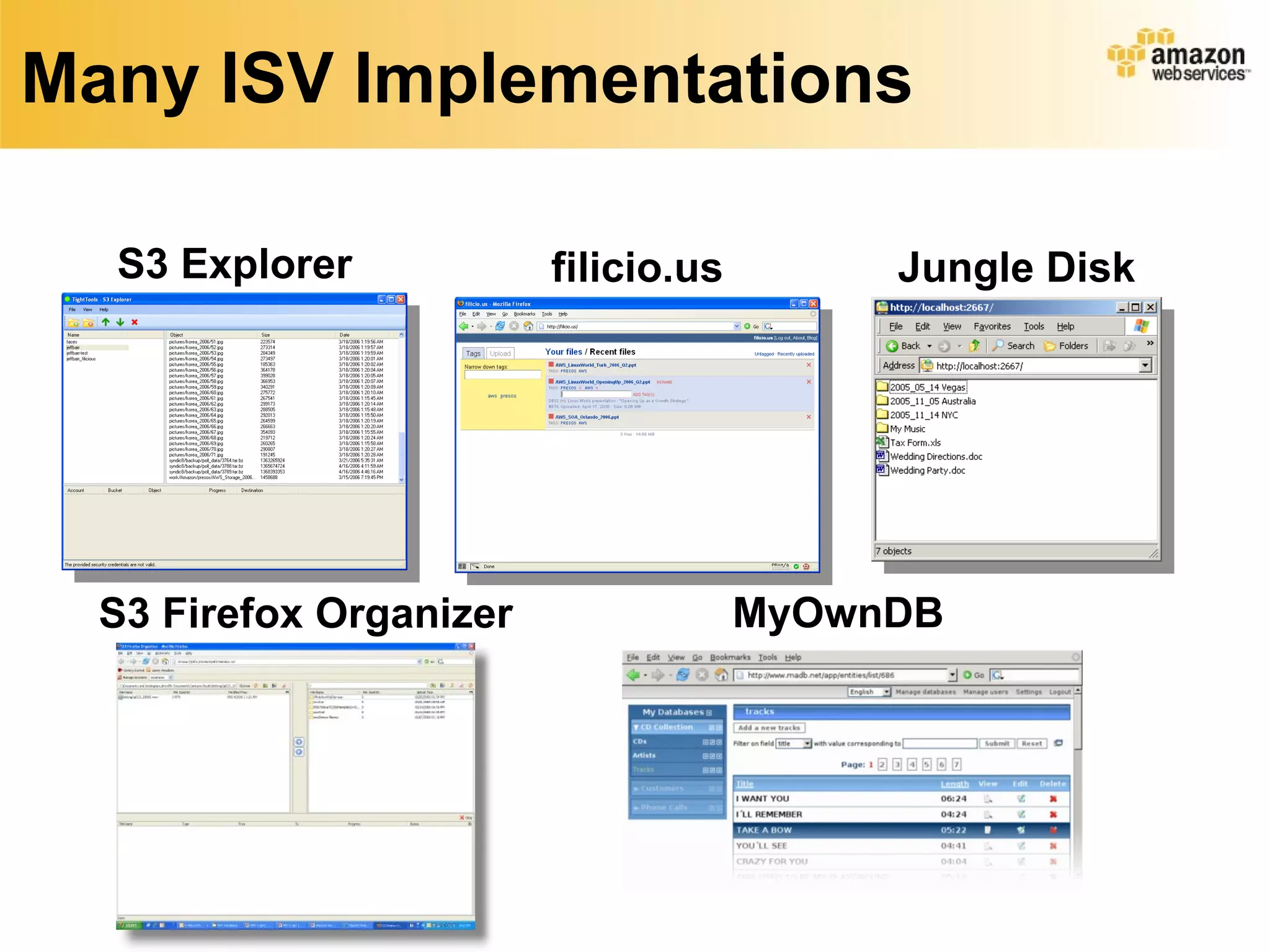 Many ISV Implementations S3 Explorer filicio.us Jungle Disk S3 Firefox Organizer MyOwnDB 