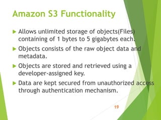 Amazon S3 Functionality
 Allows unlimited storage of objects(Files)
containing of 1 bytes to 5 gigabytes each.
 Objects consists of the raw object data and
metadata.
 Objects are stored and retrieved using a
developer-assigned key.
 Data are kept secured from unauthorized access
through authentication mechanism.
 