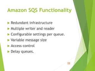 Amazon SQS Functionality
 Redundant infrastructure
 Multiple writer and reader
 Configurable settings per queue.
 Variable message size
 Access control
 Delay queues.
 