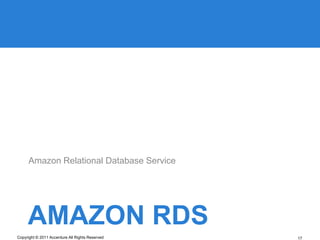 Amazon Relational Database Service




     AMAZON RDS
Copyright © 2011 Accenture All Rights Reserved   17
 