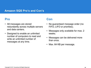 Amazon SQS Pro’s and Con’s


Pro                                              Con
• All messages are stored                        • No guaranteed message order (no
  redundantly across multiple servers              FIFO, LIFO or priorities).
  and data centers.
                                                 • Messages only available for max. 2
• Designed to enable an unlimited                  weeks.
  number of computers to read and
                                                 • Messages can be delivered more
  write an unlimited number of
                                                   than once.
  messages at any time.
                                                 • Max. 64 KB per message.




Copyright © 2011 Accenture All Rights Reserved                                          48
 