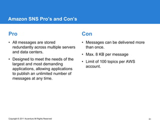 Amazon SNS Pro’s and Con’s


Pro                                              Con
• All messages are stored                        • Messages can be delivered more
  redundantly across multiple servers              than once.
  and data centers.
                                                 • Max. 8 KB per message
• Designed to meet the needs of the
                                                 • Limit of 100 topics per AWS
  largest and most demanding
                                                   account.
  applications, allowing applications
  to publish an unlimited number of
  messages at any time.




Copyright © 2011 Accenture All Rights Reserved                                      51
 