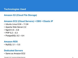 Technologies Used

Amazon S3 (Cloud File Storage)

Amazon EC2 (Cloud Servers) + EBS + Elastic IP
•   Ubuntu Linux 8.04 – 11.04
•   Apache Web Server 2.2
•   NginX 0.5 – 0.8
•   PHP 5.2 – 5.3
•   PostgreSQL 8.2 – 8.4


Amazon RDS
• MySQL 5.1 – 5.5


Dedicated Servers
• Same as Amazon EC2
Copyright © 2011 Accenture All Rights Reserved   8
 