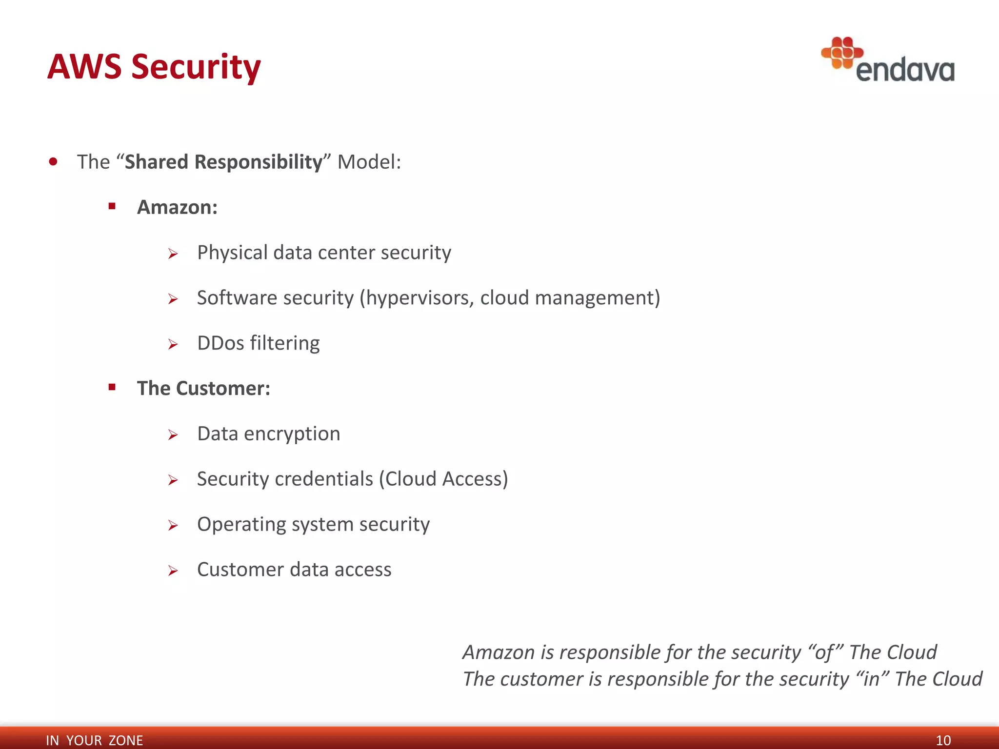 IN YOUR ZONE
AWS Security
10
• The “Shared Responsibility” Model:
 Amazon:
 Physical data center security
 Software security (hypervisors, cloud management)
 DDos filtering
 The Customer:
 Data encryption
 Security credentials (Cloud Access)
 Operating system security
 Customer data access
Amazon is responsible for the security “of” The Cloud
The customer is responsible for the security “in” The Cloud
 