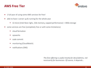 IN YOUR ZONE
AWS Free Tier
13
• 1 full year of using some AWS services for free!
• able to have 1 server up & running for the whole year
 t2.micro (Intel Xeon 3ghz, 1Gb memory, capped performance) + 30Gb storage
• some services are free (completely free or with some limitations):
 cloud formation
 opsworks
 code commit
 monitoring (CloudWatch)
 notifications (SNS)
The free offering is useful mostly for devs/admins, not
necessarily for businesses. Of course, it depends…
 