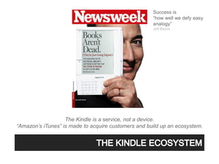 Success is
                                                     “how well we defy easy
                                                     analogy”
                                                     Jeff Bezos




                   The Kindle is a service, not a device.
“Amazon’s iTunes” is made to acquire customers and build up an ecosystem.
 