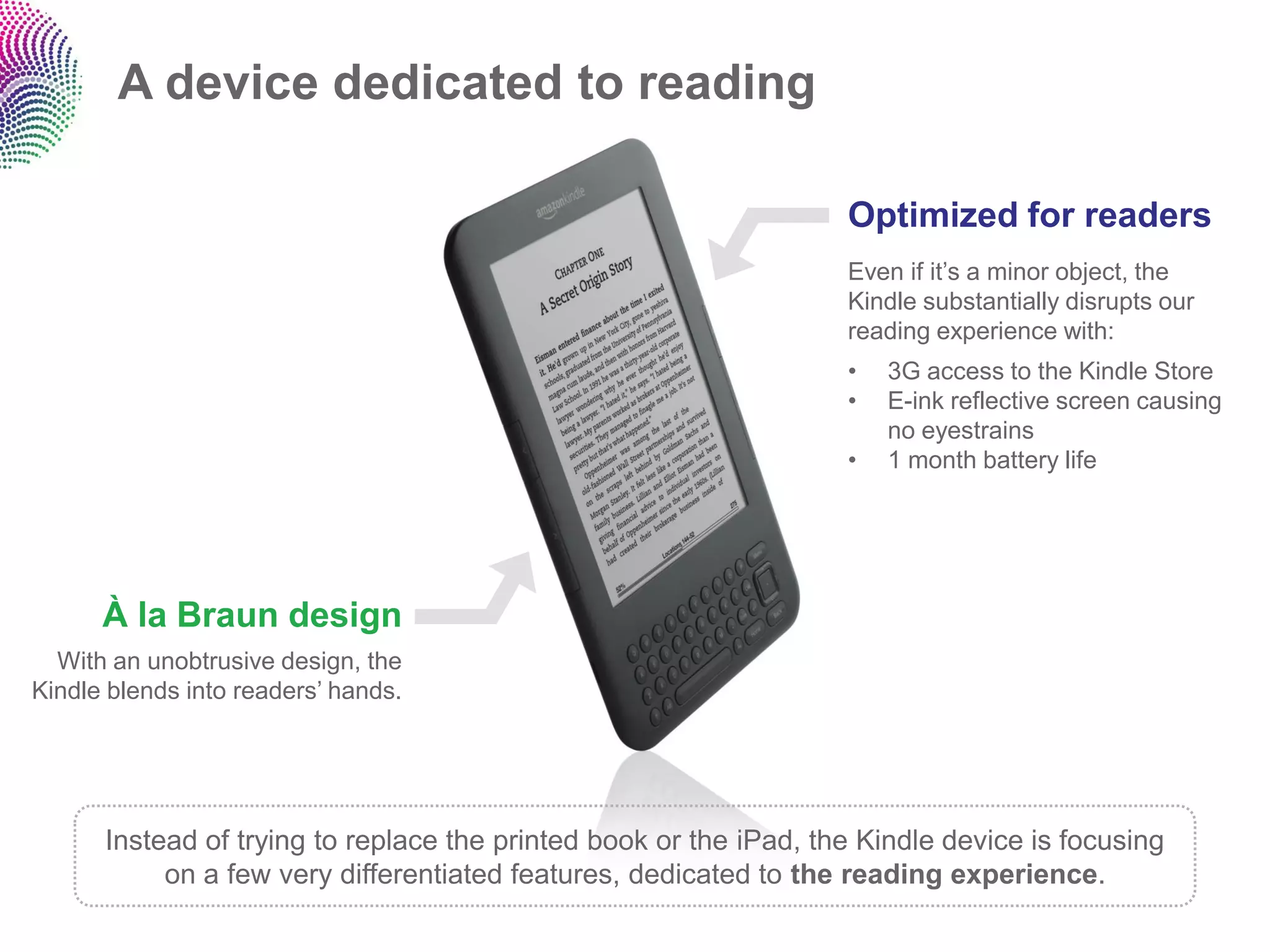 A device dedicated to reading

                                                                   Optimized for readers
                                                                   Even if it‟s a minor object, the
                                                                   Kindle substantially disrupts our
                                                                   reading experience with:
                                                                   •   3G access to the Kindle Store
                                                                   •   E-ink reflective screen causing
                                                                       no eyestrains
                                                                   •   1 month battery life




      À la Braun design
  With an unobtrusive design, the
Kindle blends into readers‟ hands.




      Instead of trying to replace the printed book or the iPad, the Kindle device is focusing
           on a few very differentiated features, dedicated to the reading experience.
 