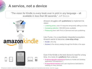 A service, not a device
                      “The vision for Kindle is every book ever in print in any language – all
                                  available in less than 60 seconds.” Jeff Bezos

                                                                                          Amazon struggles with publishers to implement its
                                                                                          vision:
                                                                                          • Lowering prices, even if it requires temporarily selling at a loss
                                                                                          • Increasing selection: 900,000 books available
                                                                                          • Pressuring them with Print on Demand and auto-publishing



                                                                                          Like iTunes, it is a seamlessly integrated ecosystem.
                                                                                          Amazon wants to become a one-stop shop:
                                                                                          • Kindle‟s 3G chip
                                                                                          • Access to the ebook catalog through the Kindle or the apps




                                                                                          Even if the Kindle is the best device to read for a long
                                                                                          time, it is more of a platform than a device:
                                                                                          • A device-agnostic experience thanks to mobile and desktop
                                                                                            application (Whispersync1)
                                                                                          • A streamlined interface and user experience dedicated to
                                                                                            reading on many devices
1Whispersync   enables a seamless synchronization of the reading progress and bookmarks across devices. Icons from Oxygen.
 