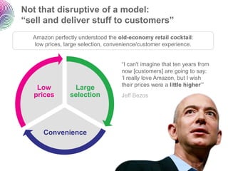 Not that disruptive of a model: “sell and deliver stuff to customers” 
Large selection 
Convenience 
Low prices 
“I can't imagine that ten years from now [customers] are going to say: „I really love Amazon, but I wish their prices were a little higher‟” 
Jeff Bezos 
Amazon perfectly understood the old-economy retail cocktail: low prices, large selection, convenience/customer experience.  