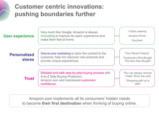 Customer centric innovations: pushing boundaries further 
Trust 
Amazon.com implements all its consumers‟ hidden needs 
to become their first destination when thinking of buying online. 
Very much like Google, Amazon is always innovatingto improve its users‟ experience and make them feel at home. 
User experience1-Click orderingAmazon PrimeVouchers 
One-to-one marketingto tailor the content to the customer, help him discover new products and provide unique experiences. 
Personalizedstores 
“Your Recent History” 
“Customers Who BoughtThis Item Also Bought” Detailed and safe step-by-step buying process with A-to-Z Safe Buying Protection. Amazon won and maintained customers‟ confidence. “You can always remove it later” [from the cart] “Shopping with us is safe”  