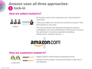 How are sellers locked in? 
•As Amazon puts it, their customers are in fact Amazon‟s customers. 
•Third party sellers do not own the customer accounts. Thus their position is very risky. 
•The more business they generate through the Amazon marketplace, the more complicated it will become to ensure the same level of customer experience (building infrastructure, customer service…). 
How are customers locked in? 
•Digital content: Kindle ebooksproprietary format 
•Amazon Prime program: annual subscription to get free 2- day shipping 
Amazon uses all three approaches: lock-in 
Icons from Ahasoft. 
Sellers 
Customers 
3  