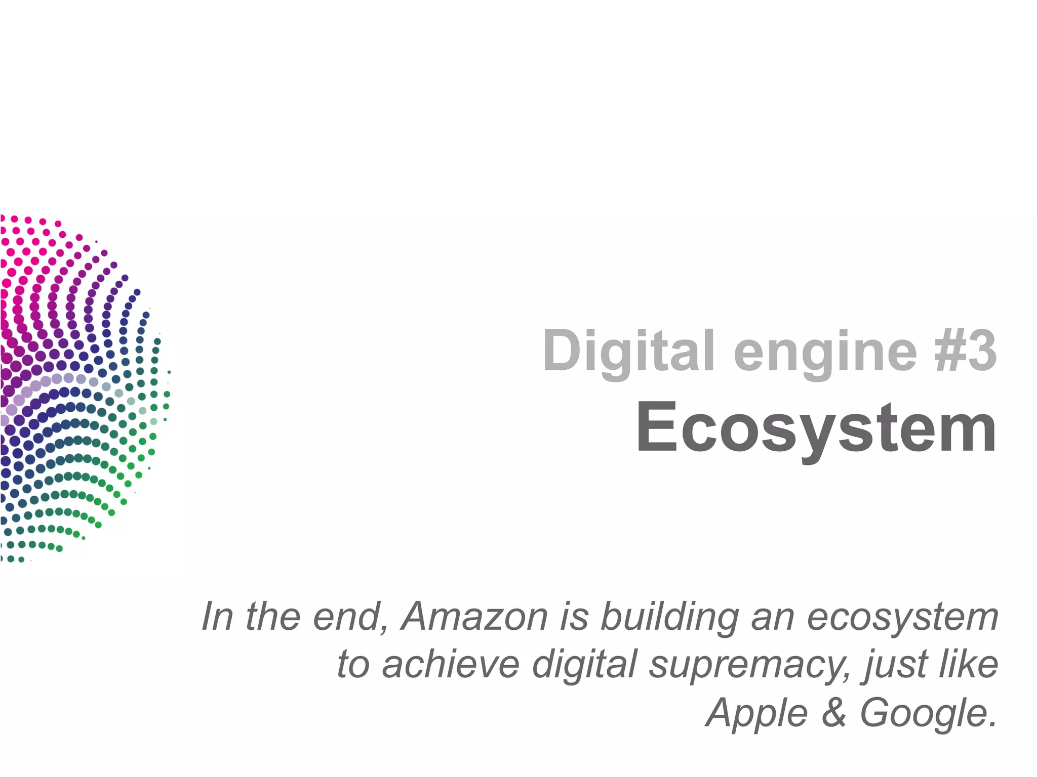 Digital engine #3
                         Ecosystem

In the end, Amazon is building an ecosystem
        to achieve digital supremacy, just like
                              Apple & Google.
 