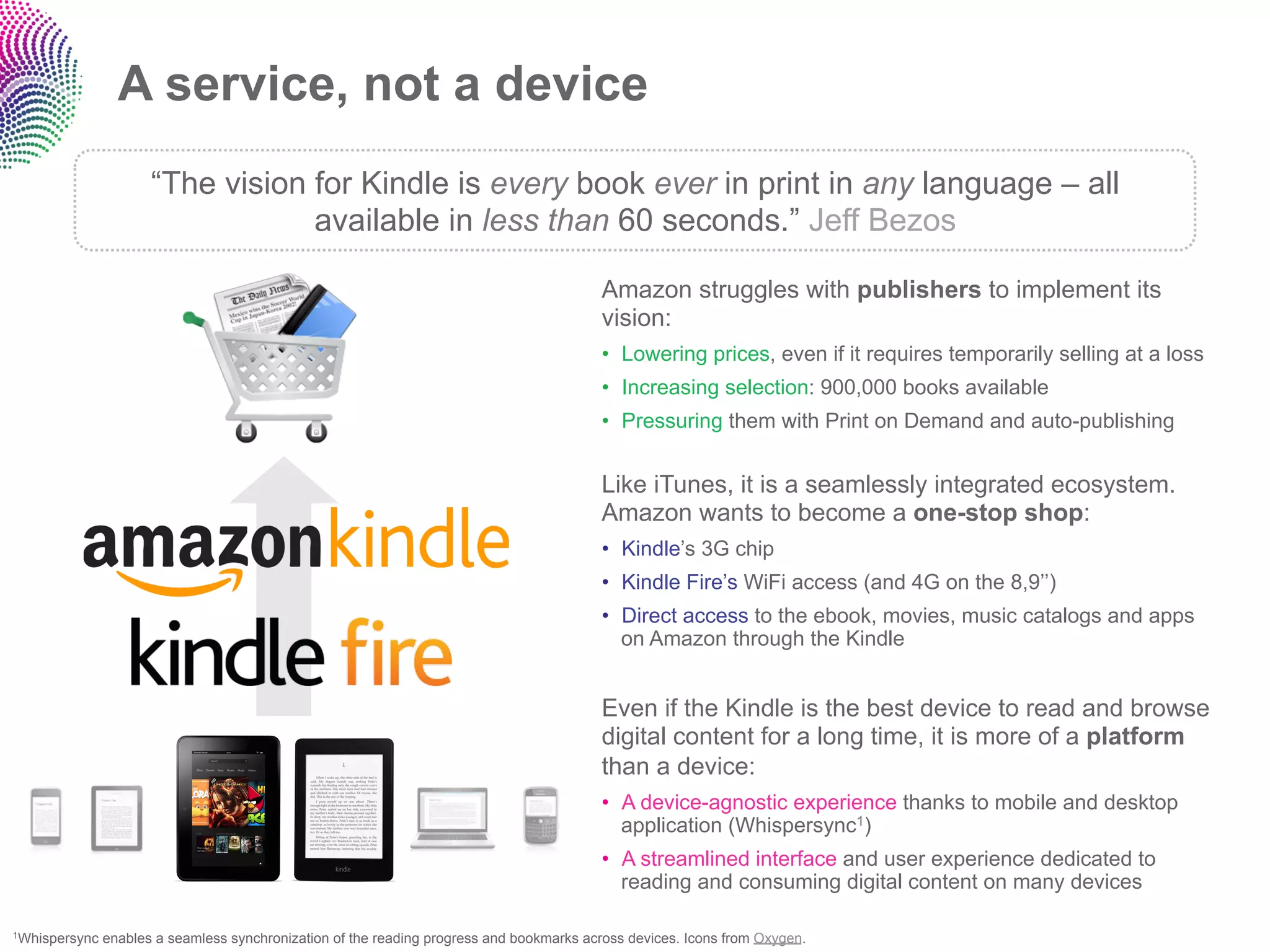 A service, not a device
                      “The vision for Kindle is every book ever in print in any language – all
                                  available in less than 60 seconds.” Jeff Bezos

                                                                                          Amazon struggles with publishers to implement its
                                                                                          vision:
                                                                                          •  Lowering prices, even if it requires temporarily selling at a loss
                                                                                          •  Increasing selection: 900,000 books available
                                                                                          •  Pressuring them with Print on Demand and auto-publishing


                                                                                          Like iTunes, it is a seamlessly integrated ecosystem.
                                                                                          Amazon wants to become a one-stop shop:
                                                                                          •  Kindle’s 3G chip
                                                                                          •  Kindle Fire’s WiFi access (and 4G on the 8,9’’)
                                                                                          •  Direct access to the ebook, movies, music catalogs and apps
                                                                                             on Amazon through the Kindle


                                                                                          Even if the Kindle is the best device to read and browse
                                                                                          digital content for a long time, it is more of a platform
                                                                                          than a device:
                                                                                          •  A device-agnostic experience thanks to mobile and desktop
                                                                                             application (Whispersync1)
                                                                                          •  A streamlined interface and user experience dedicated to
                                                                                             reading and consuming digital content on many devices

1Whispersync   enables a seamless synchronization of the reading progress and bookmarks across devices. Icons from Oxygen.
 