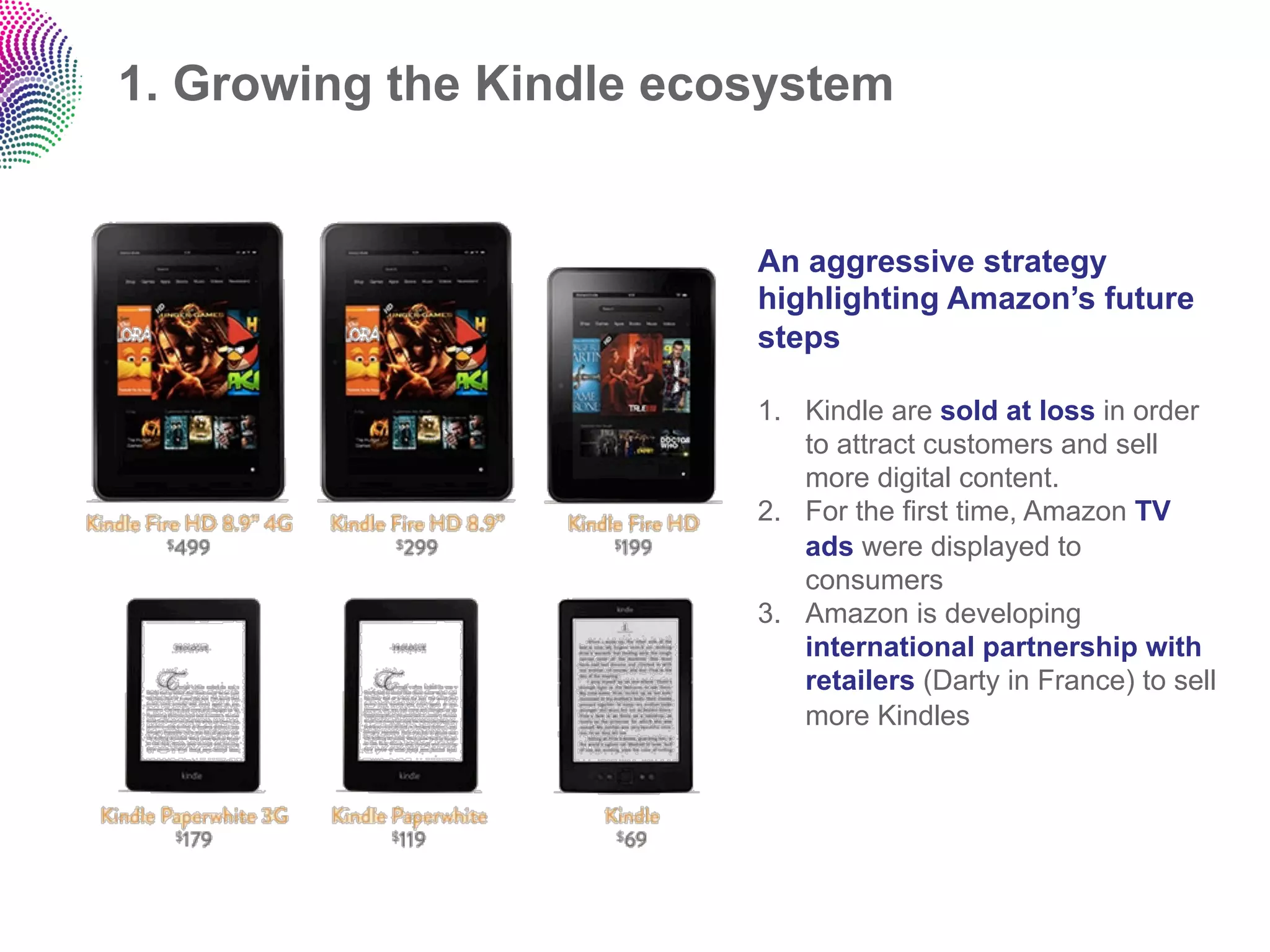1. Growing the Kindle ecosystem


                         An aggressive strategy
                         highlighting Amazon’s future
                         steps

                         1.  Kindle are sold at loss in order
                             to attract customers and sell
                             more digital content.
                         2.  For the first time, Amazon TV
                             ads were displayed to
                             consumers
                         3.  Amazon is developing
                             international partnership with
                             retailers (Darty in France) to sell
                             more Kindles
 