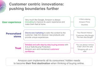 Customer centric innovations:
     pushing boundaries further

                   Very much like Google, Amazon is always ...