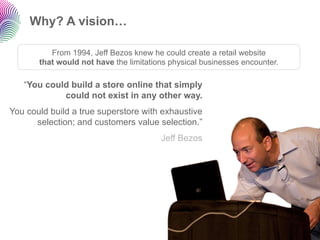 Why? A vision…

          From 1994, Jeff Bezos knew he could create a retail website
       that would not have the limit...
