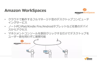Amazon WorkSpaces 
• クラウドで動作するフルマネージド型のデスクトップコンピューテ 
イングサービス 
• ノートPC/iPad/Kindle Fire/Androidタブレットなど任意のデバイ 
スからアクセス 
• マネジメントコンソールを数回クリックするだけでデスクトップを 
ユーザー数を問わずに展開可能 
 