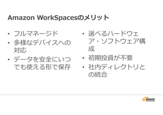 Amazon WorkSpacesのメリット 
• フルマネージド 
• 多様なデバイスへの 
対応 
• データを安全にいつ 
でも使える形で保存 
• 選べるハードウェ 
ア・ソフトウェア構 
成 
• 初期投資が不要 
• 社内ディレクトリと 
の統合 
 