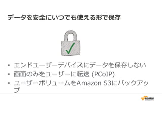 データを安全にいつでも使える形で保存 
• エンドユーザーデバイスにデータを保存しない 
• 画面のみをユーザーに転送(PCoIP) 
• ユーザーボリュームをAmazon S3にバックアッ 
プ 
 