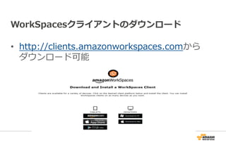 WorkSpacesクライアントのダウンロード 
• http://clients.amazonworkspaces.comから 
ダウンロード可能 
 